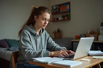 Étudiante stressée devant ses factures et son budget dans un petit appartement étudiant