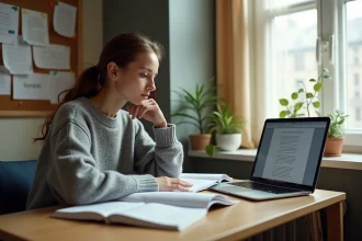 Étudiante consultant des exemples de dissertations en ligne sur son ordinateur portable dans une chambre universitaire