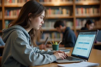Étudiante personnalisant son ENT IUT Tours sur un ordinateur portable dans une bibliothèque universitaire