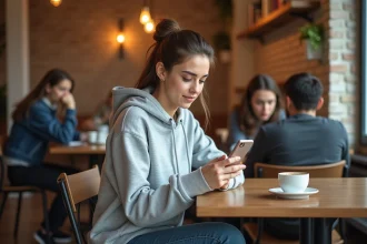 Étudiante consultant les services académiques PIA Grenoble sur son smartphone dans un café universitaire