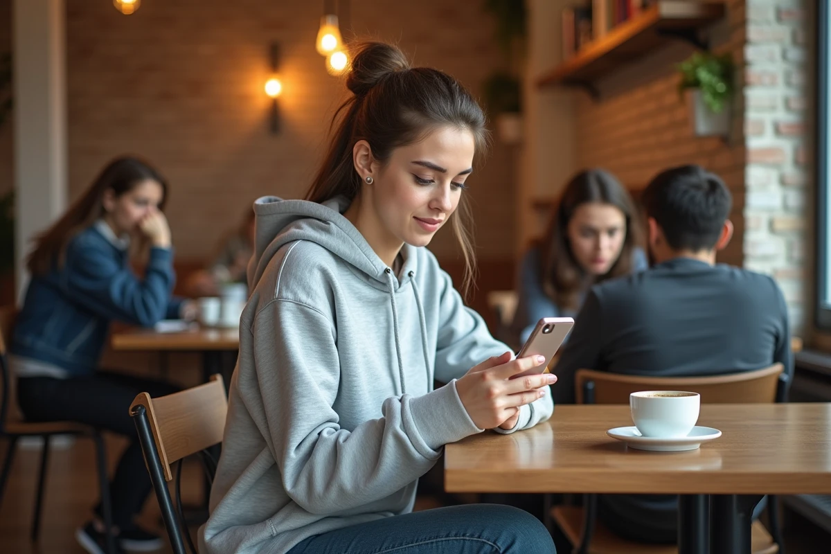 Étudiante consultant les services académiques PIA Grenoble sur son smartphone dans un café universitaire