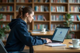 Étudiante de Sciences Po Bordeaux comparant l'ENT et Moodle sur son ordinateur portable dans une bibliothèque universitaire