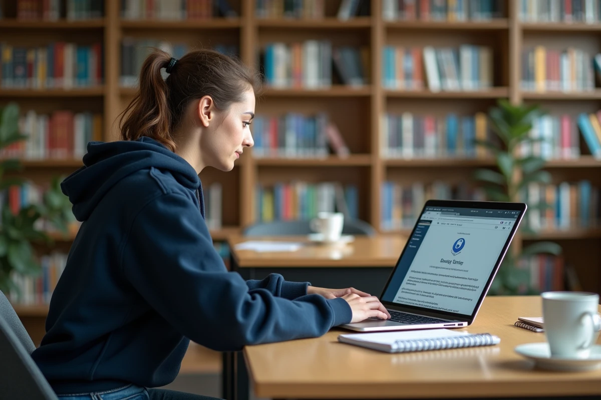 Étudiante de Sciences Po Bordeaux comparant l'ENT et Moodle sur son ordinateur portable dans une bibliothèque universitaire