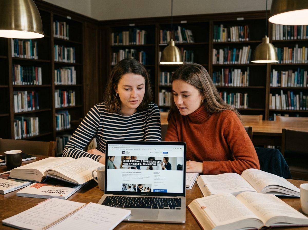 Deux étudiantes recherchant ensemble des écoles d'arts appliqués en France dans une bibliothèque universitaire