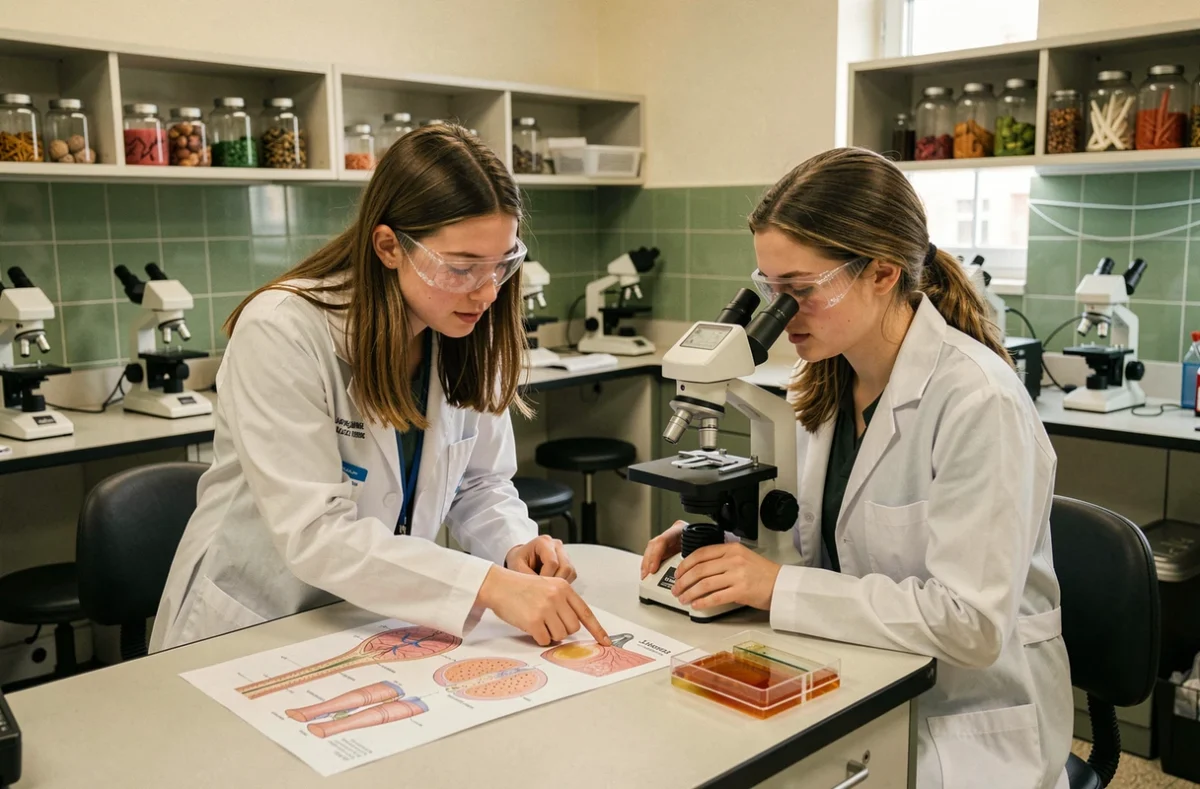 Deux étudiantes en biologie comparant des schémas de coupes longitudinales et transversales lors d'un TP de microscope