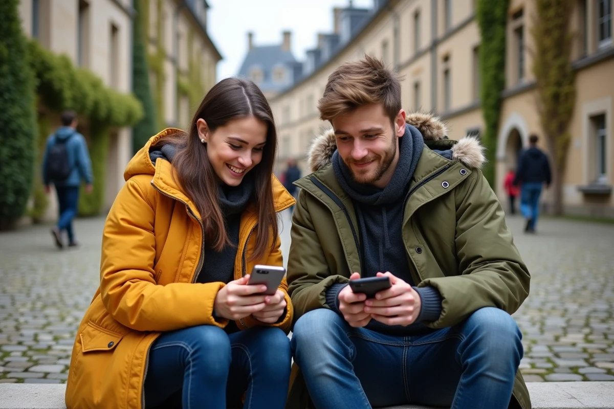 Deux étudiants boursiers vérifiant leur statut d'exonération CVEC sur un smartphone devant un bâtiment universitaire