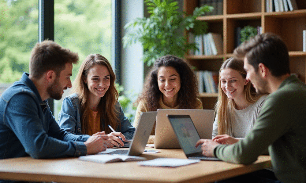 Groupe d'étudiants universitaires en lounge de campus