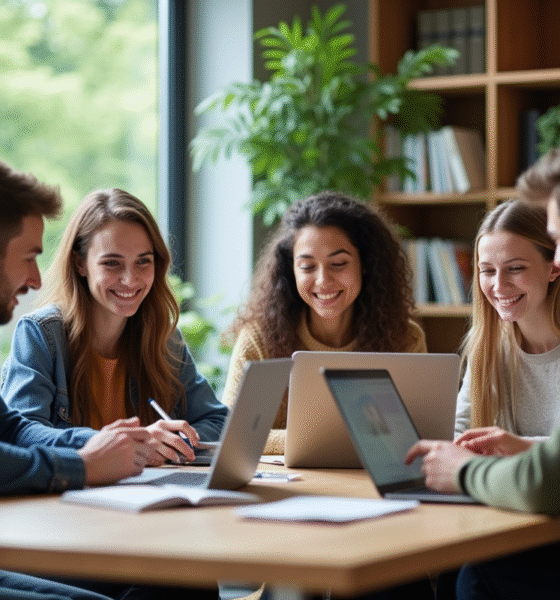 Groupe d'étudiants universitaires en lounge de campus