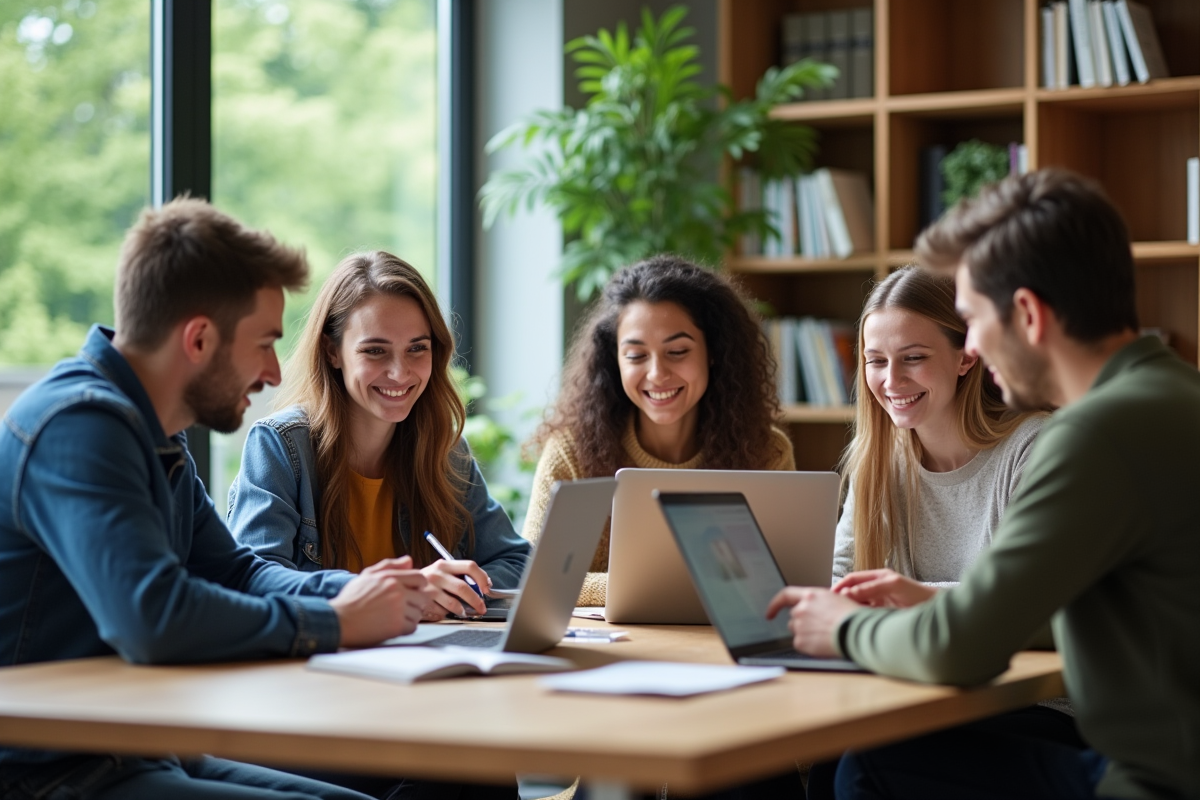Groupe d'étudiants universitaires en lounge de campus