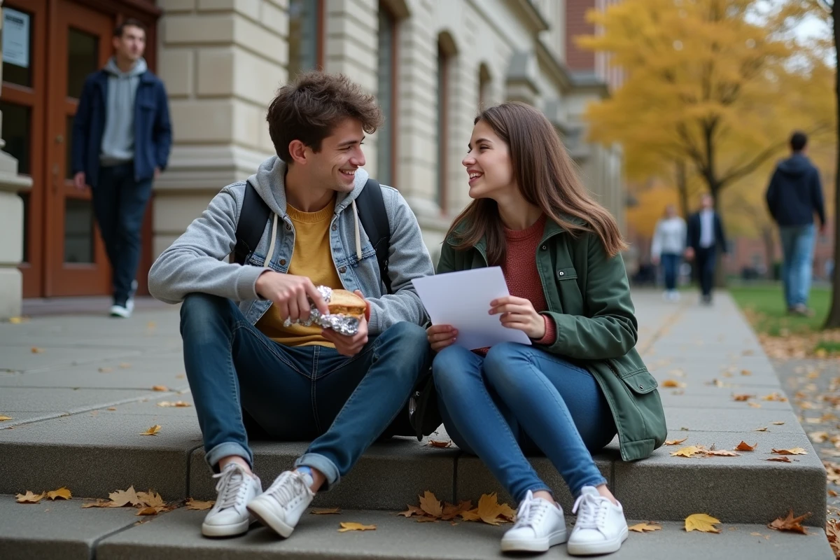 Deux étudiants partageant un repas fait maison devant l'université pour économiser