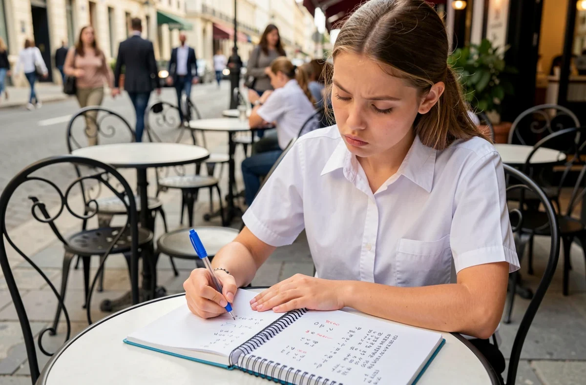 Adolescente faisant des exercices d'accord du participe passé de verbes en -ir dans un cahier à la terrasse d'un café