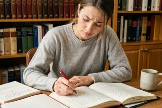 Femme annotant un texte avec un stylo rouge pour pratiquer la ponctuation, assise à un bureau en bois entouré de cahiers et de dictionnaires