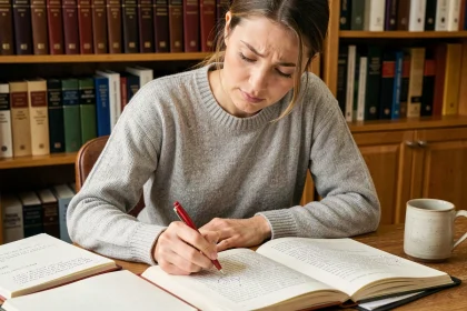 Femme annotant un texte avec un stylo rouge pour pratiquer la ponctuation, assise à un bureau en bois entouré de cahiers et de dictionnaires