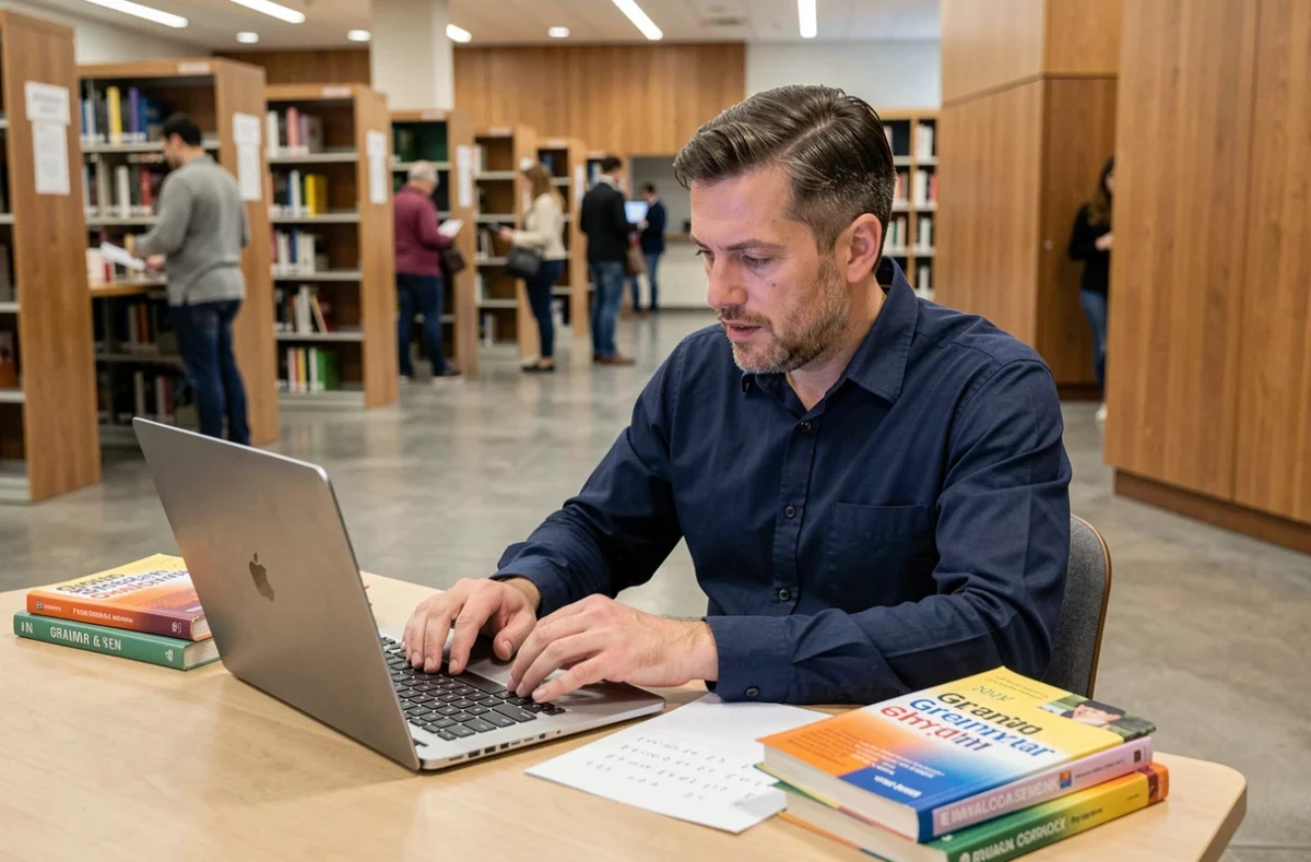 Homme pratiquant des exercices de ponctuation sur une feuille de travail dans une bibliothèque moderne, avec un ordinateur portable et des manuels de grammaire