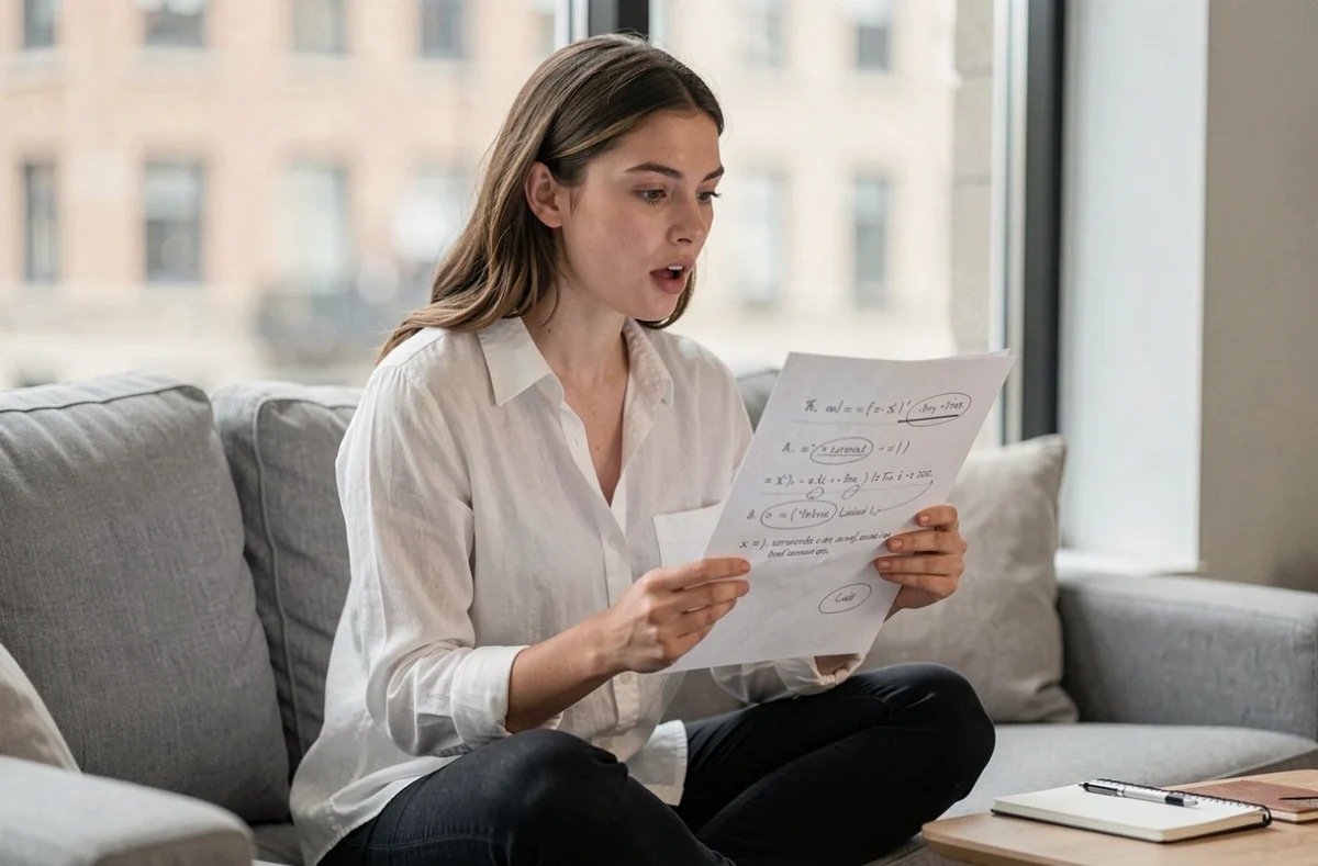 Jeune femme relisant un manuscrit avec des corrections de ponctuation au crayon, assise sur un canapé gris dans un appartement minimaliste