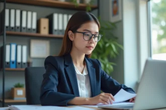 Jeune femme en costume de bureau dans un environnement professionnel