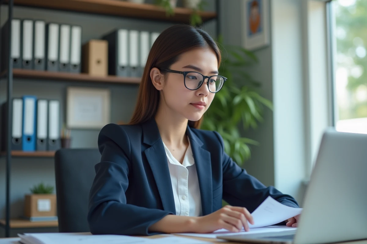 Jeune femme en costume de bureau dans un environnement professionnel