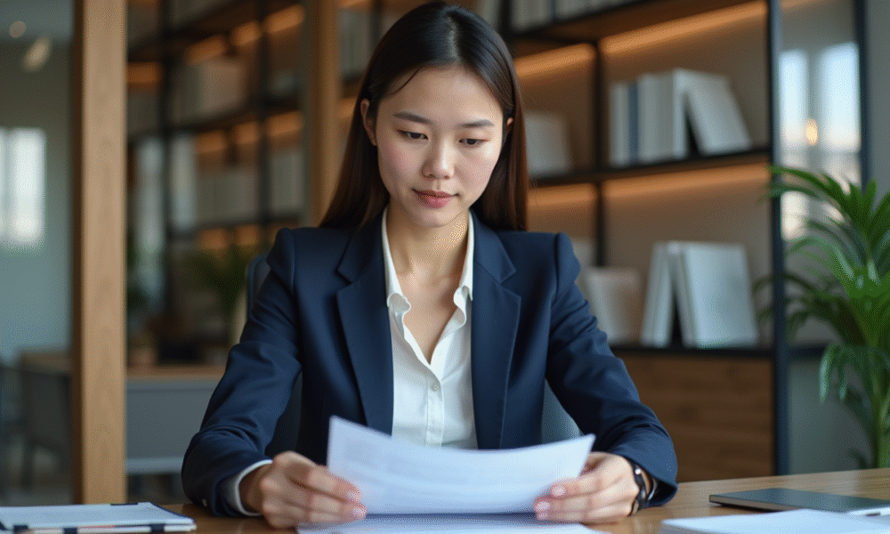 Jeune femme en blazer navy dans un bureau professionnel