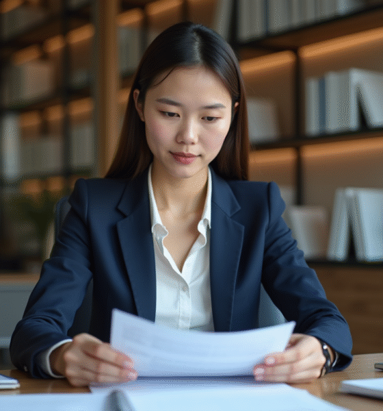 Jeune femme en blazer navy dans un bureau professionnel