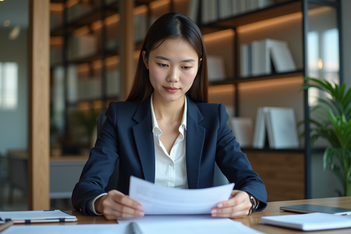 Jeune femme en blazer navy dans un bureau professionnel