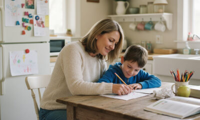 Femme aidant un enfant à faire ses devoirs dans la cuisine