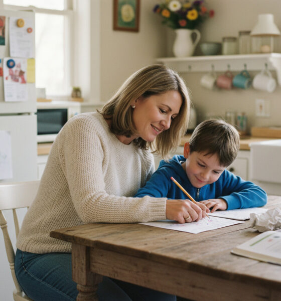 Femme aidant un enfant à faire ses devoirs dans la cuisine