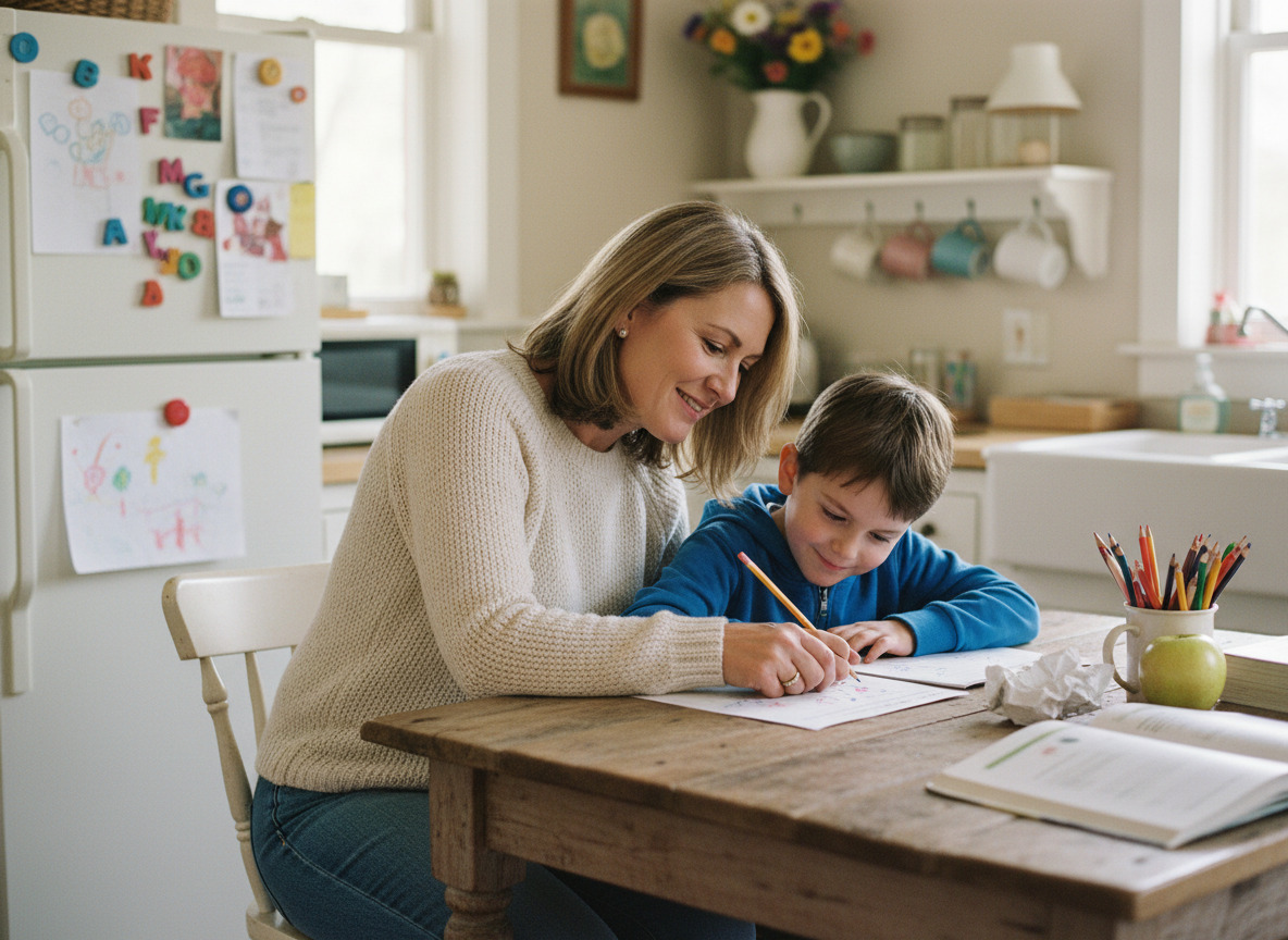 Femme aidant un enfant à faire ses devoirs dans la cuisine