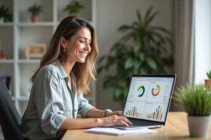 Femme souriante analysant les statistiques de sa newsletter sur un ordinateur portable dans un bureau moderne à domicile