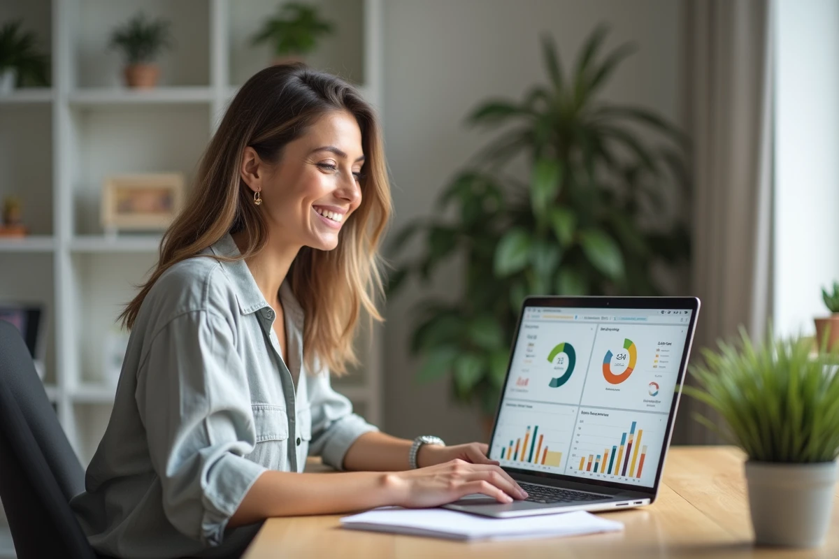 Femme souriante analysant les statistiques de sa newsletter sur un ordinateur portable dans un bureau moderne à domicile