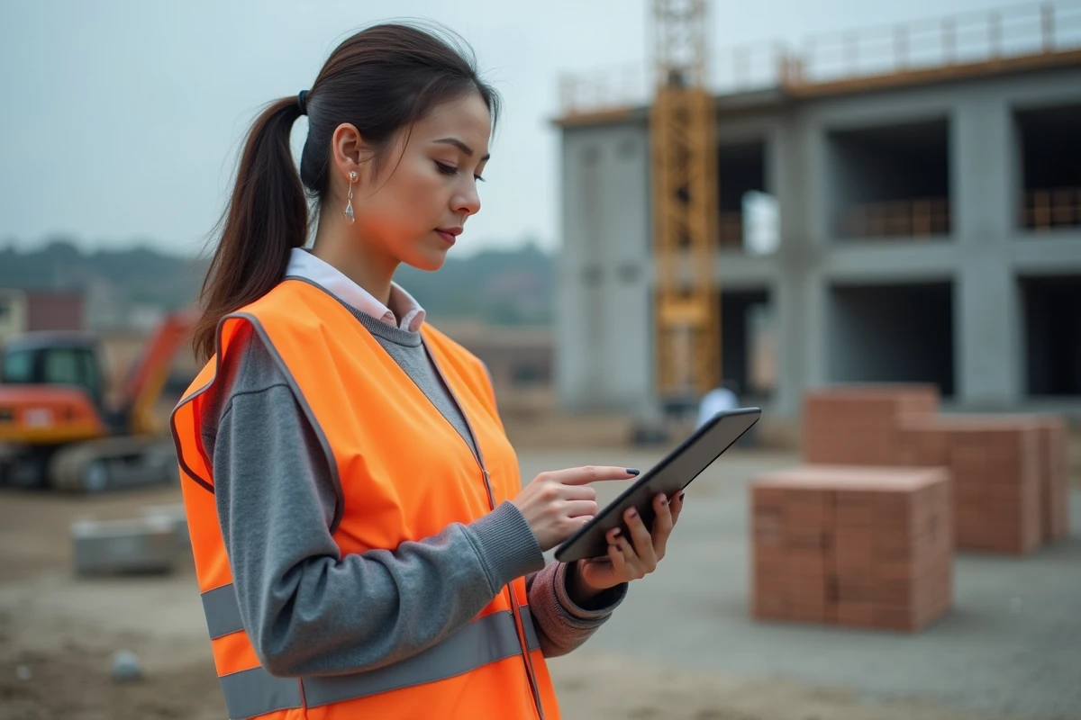 Femme professionnelle du bâtiment sur chantier consultant une plateforme de financement CPF sans reste à charge sur tablette