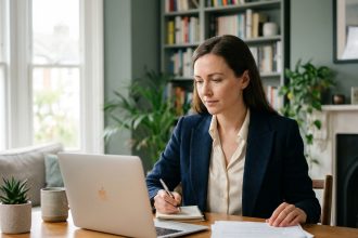 Femme d'affaires concentrée au bureau avec documents