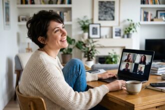 Femme souriante en visioconference dans un bureau cosy