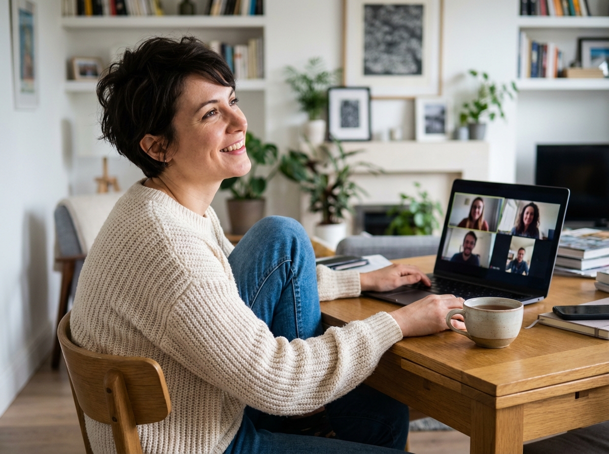 Femme souriante en visioconference dans un bureau cosy