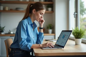 Femme en blouse bleue utilisant un ordinateur dans une cuisine moderne