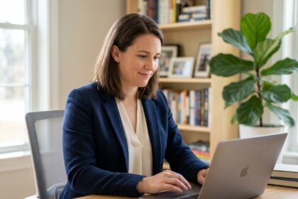 Femme en bureau à domicile travaillant sur son ordinateur