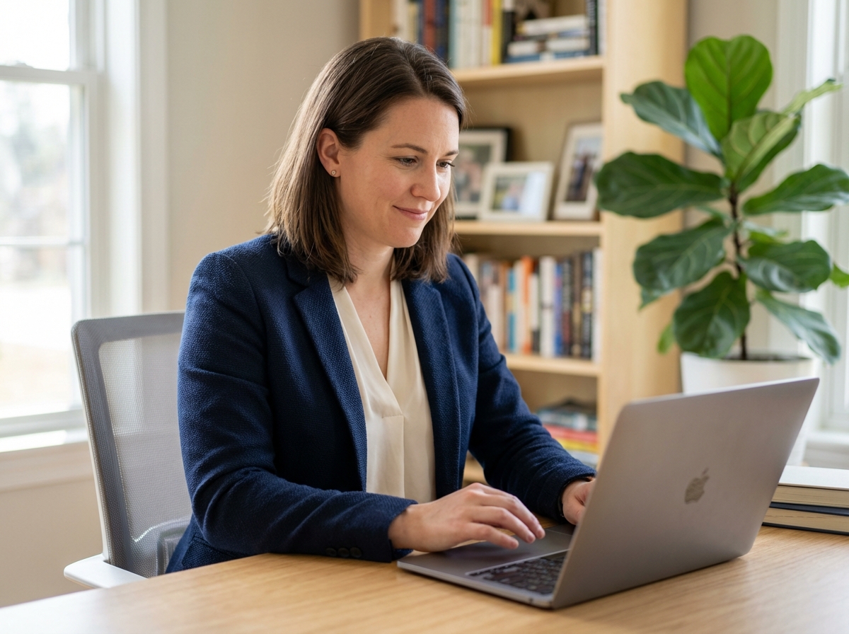 Femme en bureau à domicile travaillant sur son ordinateur