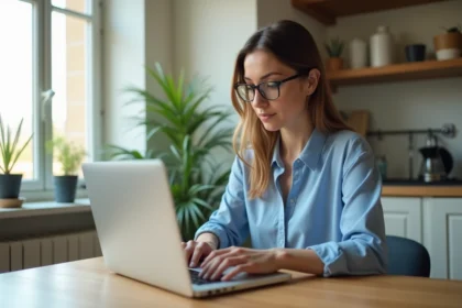 Femme concentrée travaillant sur son ordinateur dans un appartement lumineux