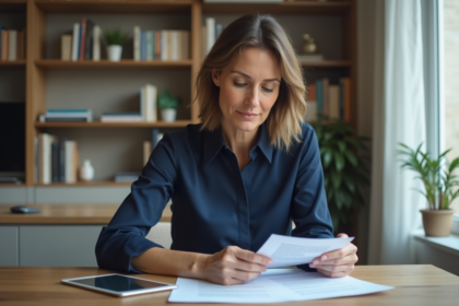 Femme d'âge moyen travaillant à la maison avec papiers et tablette