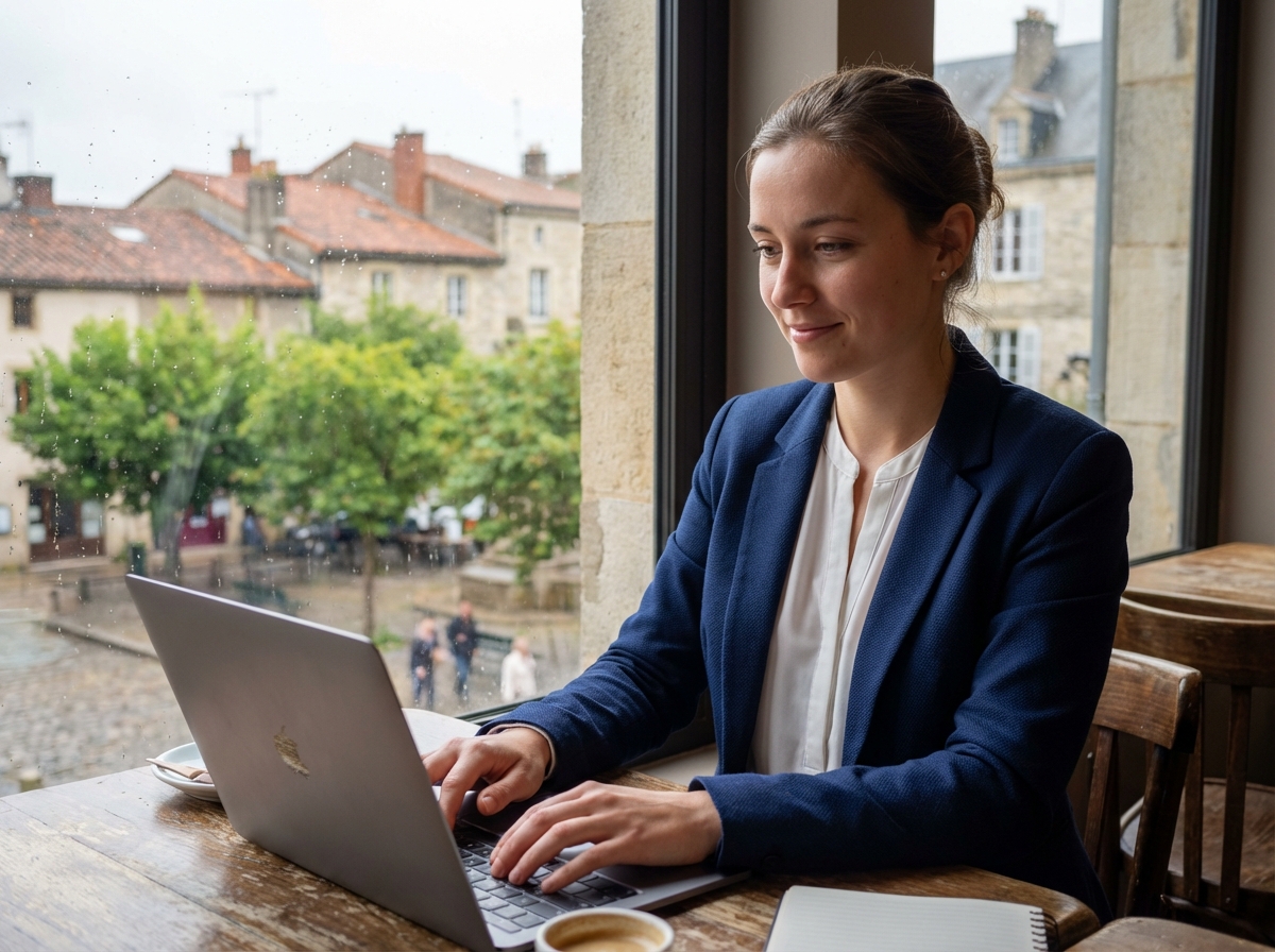 Jeune femme au bureau à Romans sur Isère souriant