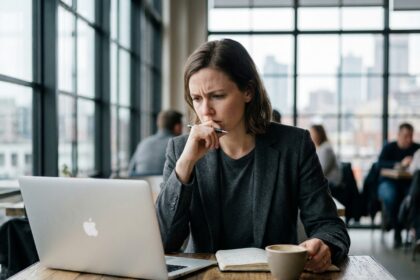 Femme en blazer dans un cafe moderne en pleine reflexion