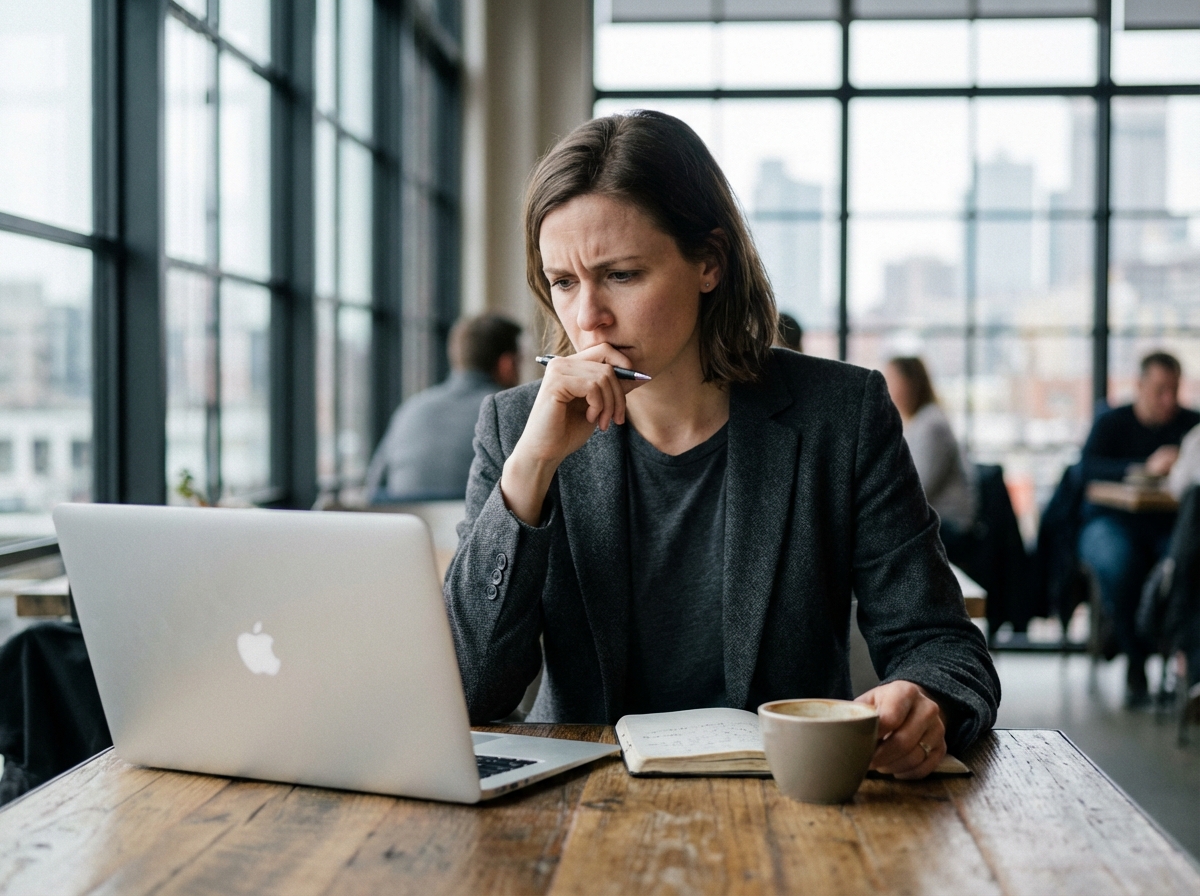 Femme en blazer dans un cafe moderne en pleine reflexion