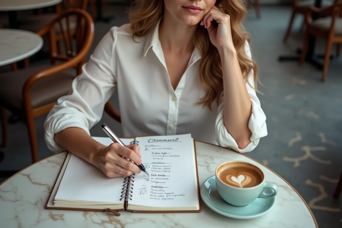 Femme consultant un carnet de grammaire française avec le passé simple du verbe choisir dans un café parisien