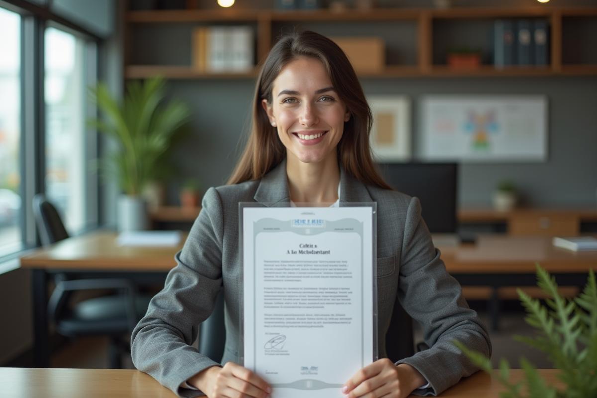 Jeune femme professionnelle tenant un certificat dans un bureau moderne