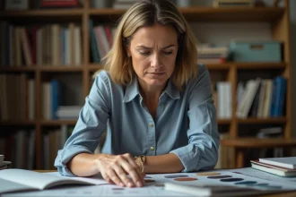 Femme concentrée examinant des échantillons de tissu