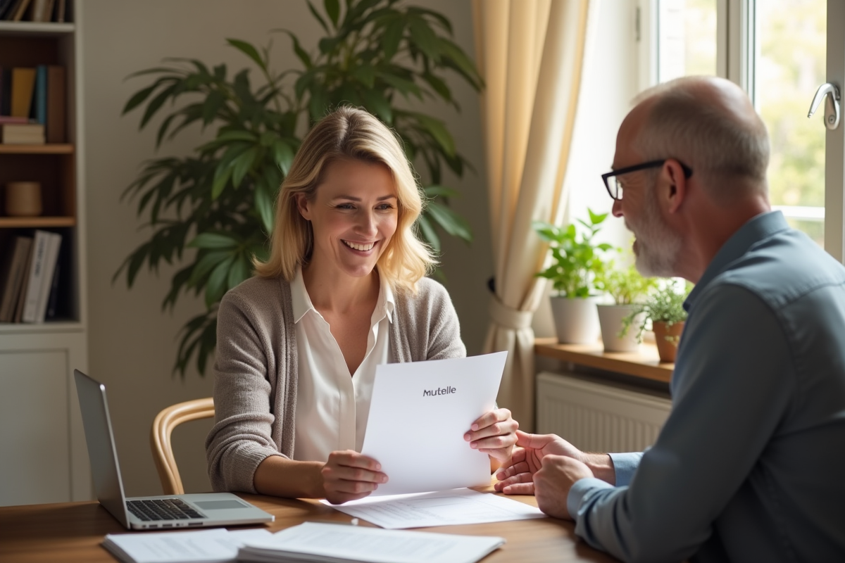 Femme souriante discutant avec un conseiller financier à la maison