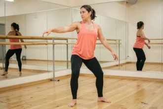 Femme apprenant la danse kuduro en version lente dans un studio de danse avec parquet et miroirs