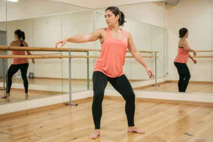 Femme apprenant la danse kuduro en version lente dans un studio de danse avec parquet et miroirs