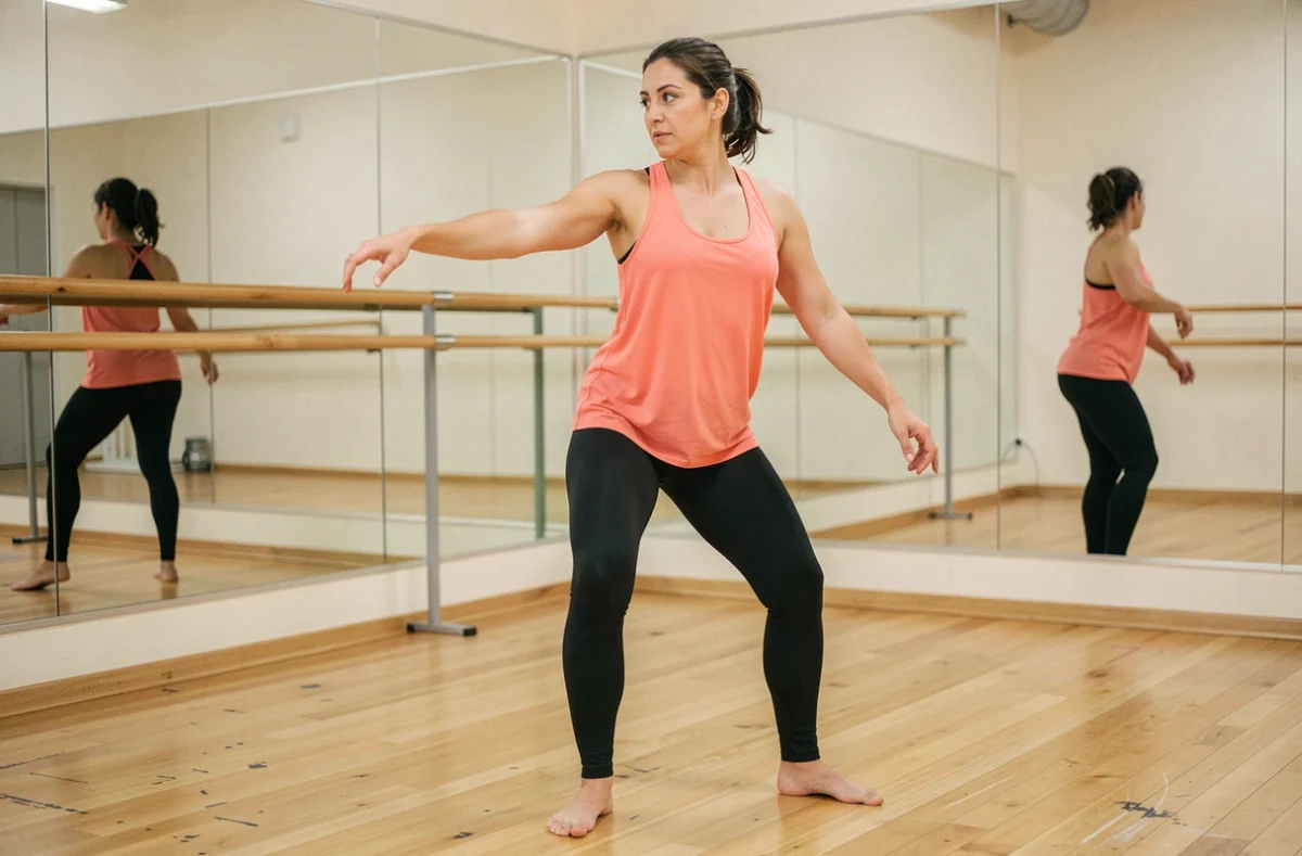 Femme apprenant la danse kuduro en version lente dans un studio de danse avec parquet et miroirs