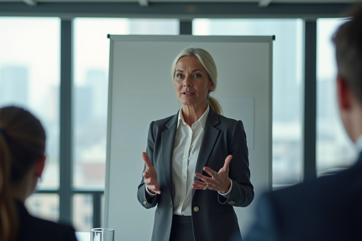 Femme dirigeante parlant à son équipe en salle de réunion