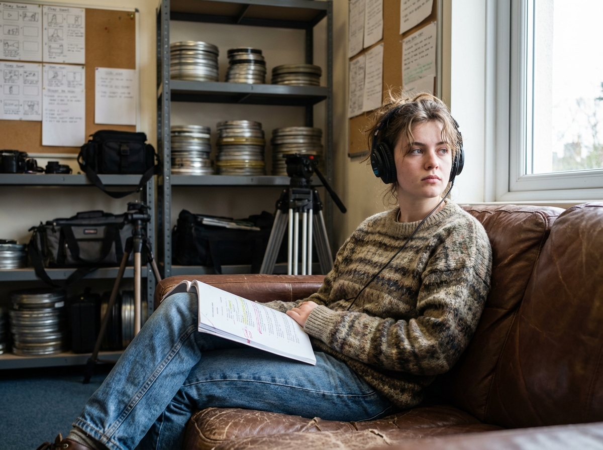 Femme film student pensant dans un espace créatif